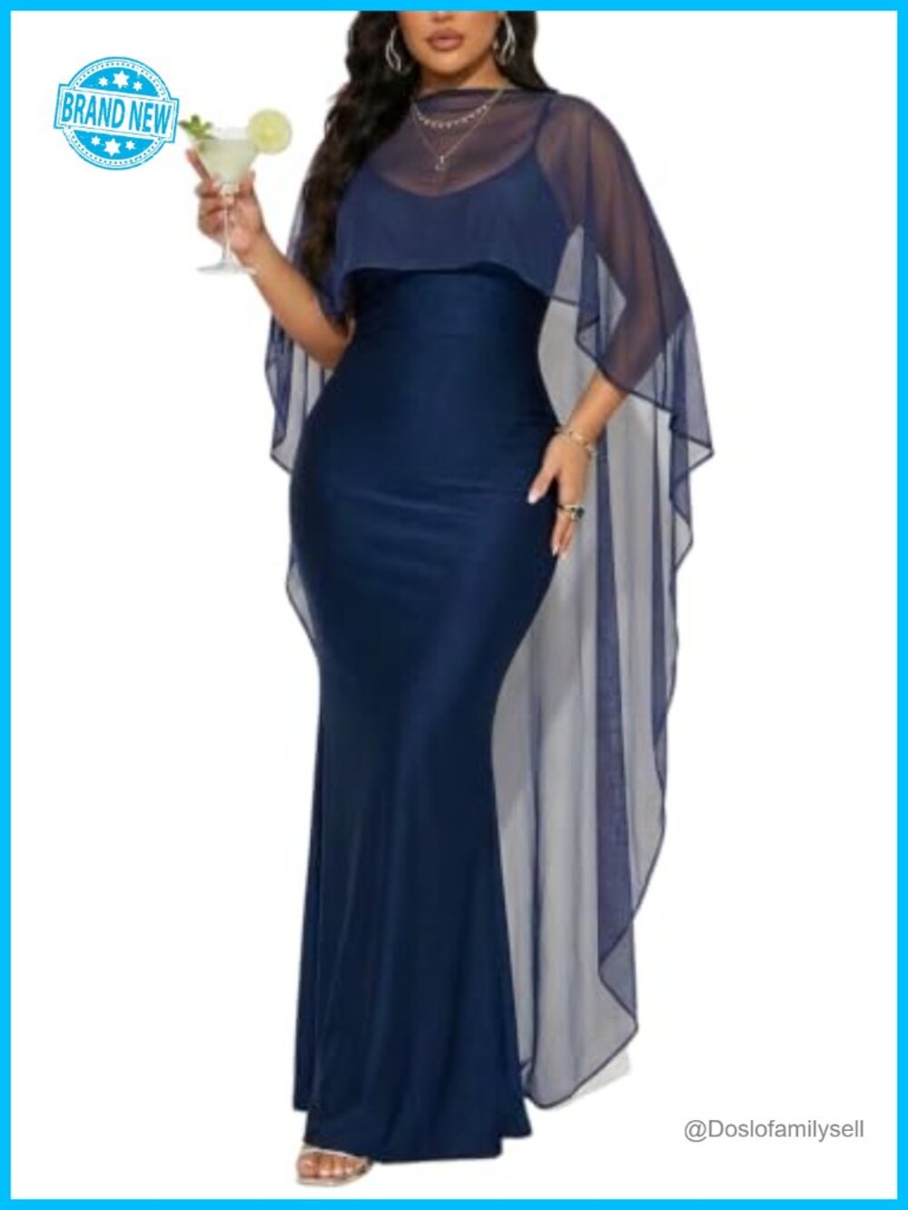 Satin Bodycon Maxi Dress Formal Wedding Guest Dress with Chiffon Cape
